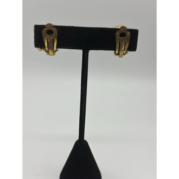 Vintage Open Back Aurora Borealis Rhinestone Clip On Earrings Gold Tone Brass - Picture 3 of 4